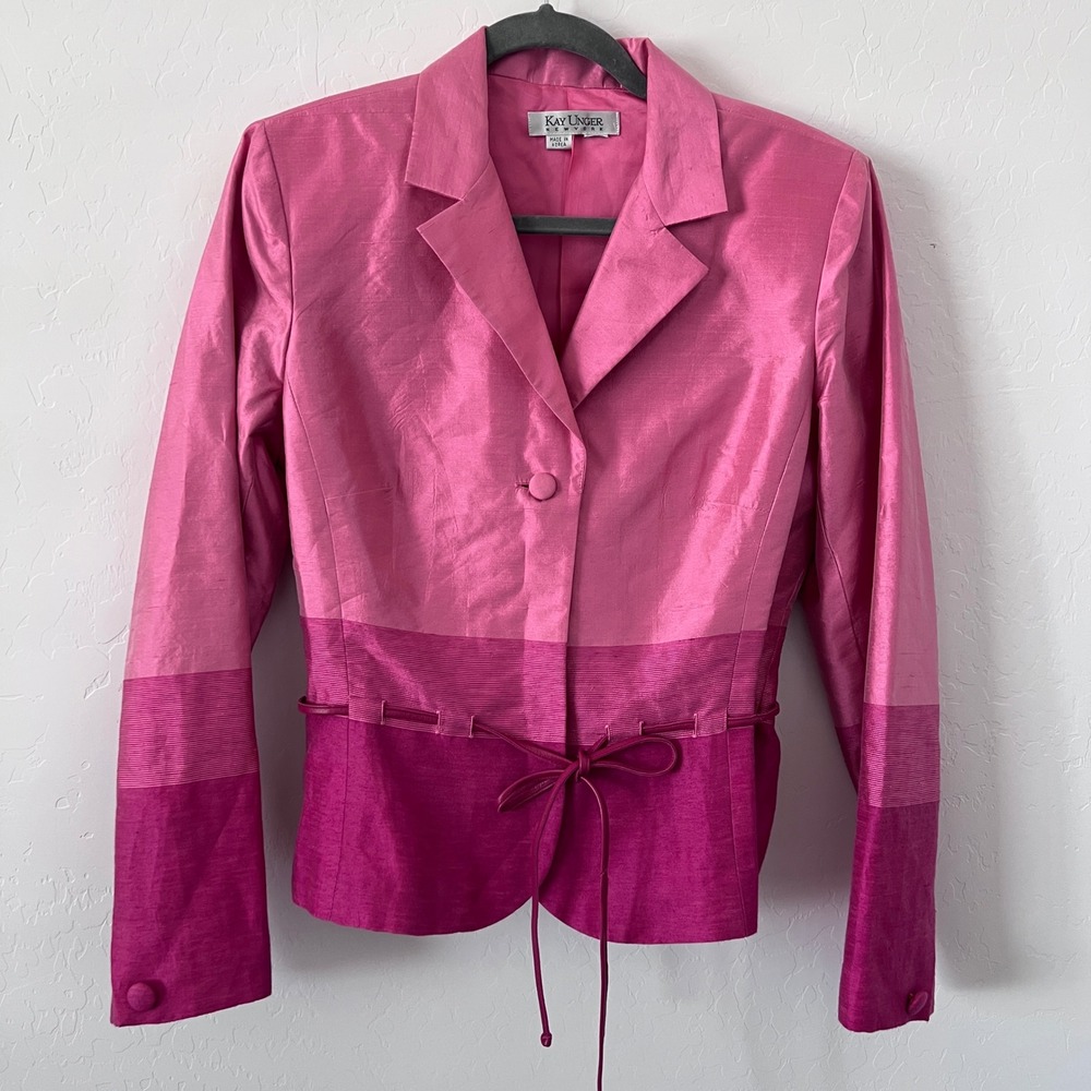 Kay Unger Silk Blazer Women Size 4 Pink Colorblock Silk Look Tie Waist